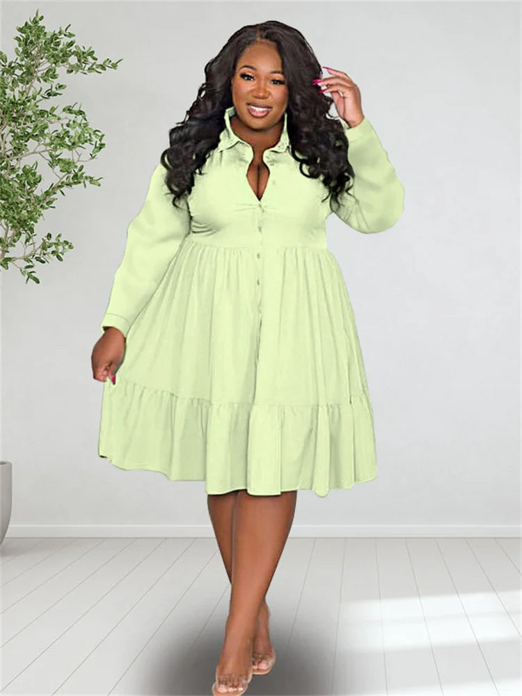 Maxy Plus Size Dresses Women Clothing Solid Long Sleeve Elegant Casual Cute Ball Gown Shirts Mini Dress