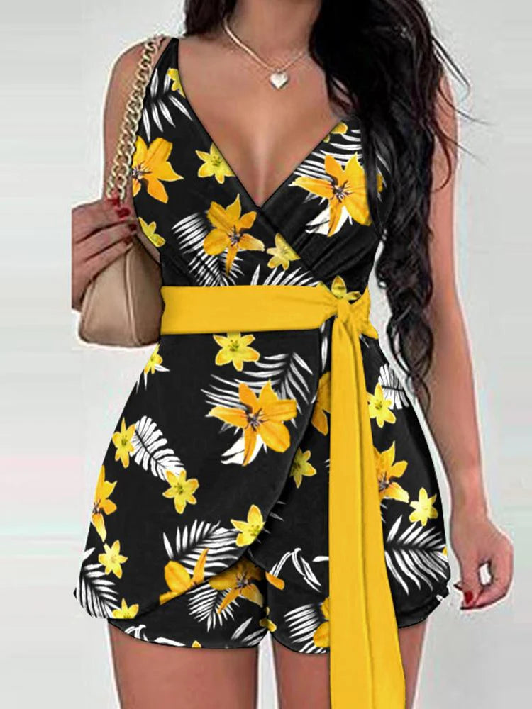 Babs Spring Summer Fashion Floral Slim Casual Two Piece Sets Elegant Women Sexy V-neck Sleeveless Wrap Lace Up Top & Shorts Set