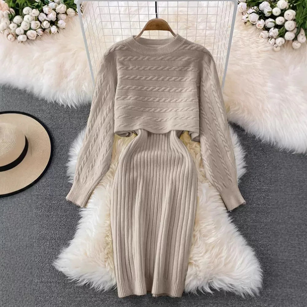 Maxy Women Sweater Dress Knit Long Sleeve & Casual Sleeveless Two-Piece Sets Dress Sets Matching Sets Party Pullovers Autumn Winter