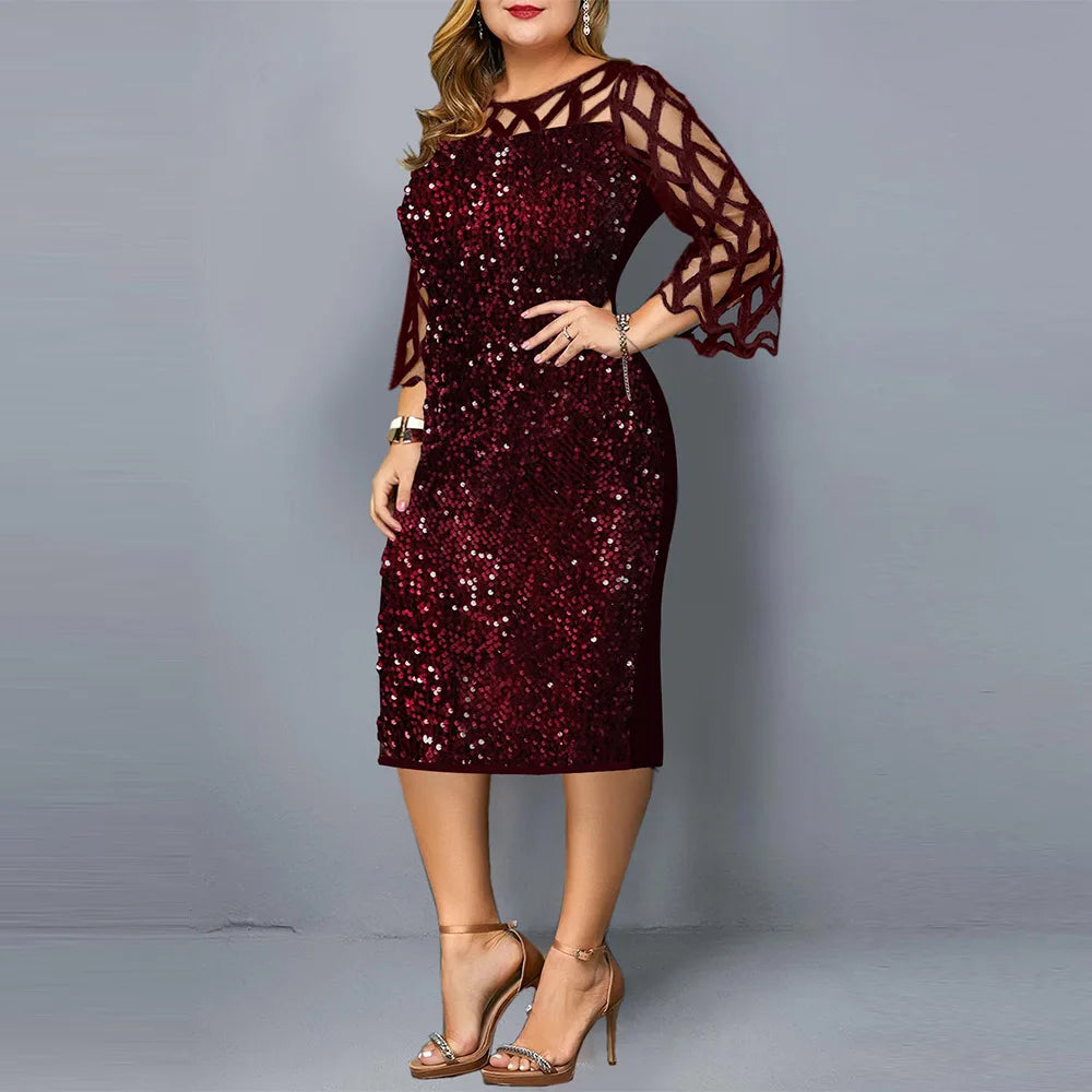 Maxy Women Sequins Lace Evening Party Dress 3/4 Sleeves Plus Size Mid-Calf Elegant Cocktail Formal dress
