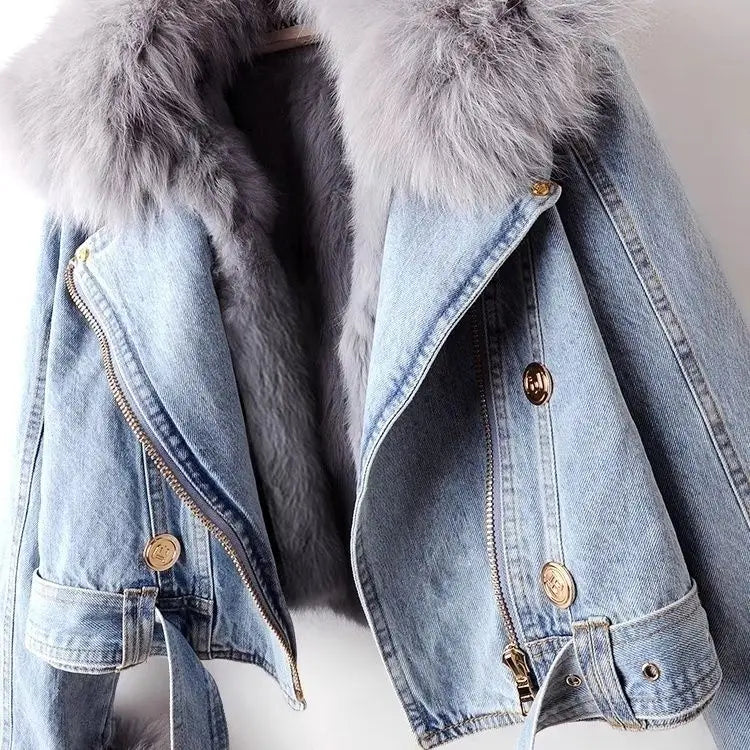 Maxy Short Thicken Denim Jacket For women Autumn Winter Detachable Imitation Fox fur Zipper Denim Coat Female Warm Parker Tops