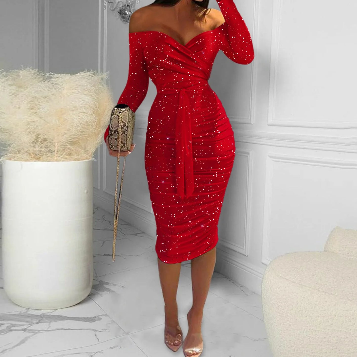 Babs Formal Dress for Women Sexy Off Shoulder Long Sleeve Slim Bodycon Hip Wrap Midi Red Dress Vintage Party Dress