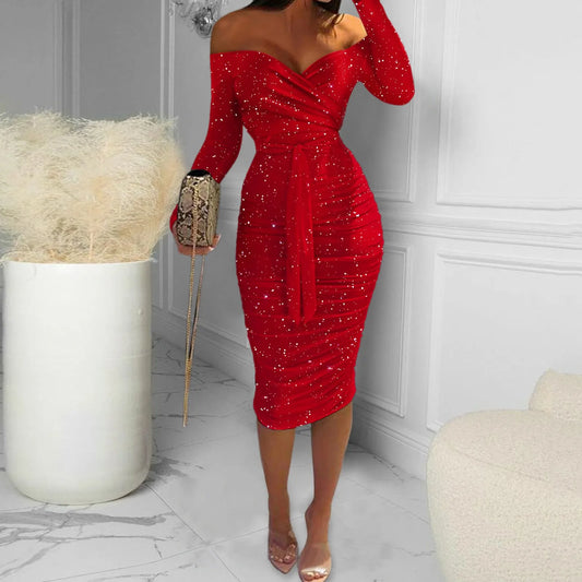 Babs Formal Dress for Women Sexy Off Shoulder Long Sleeve Slim Bodycon Hip Wrap Midi Red Dress Vintage Party Dress