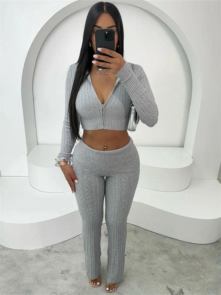 Maxy New 2 Piece Sets Women Clothing Pants Sets Casual Solid Color Knitted Long Sleeved Two-piece Set