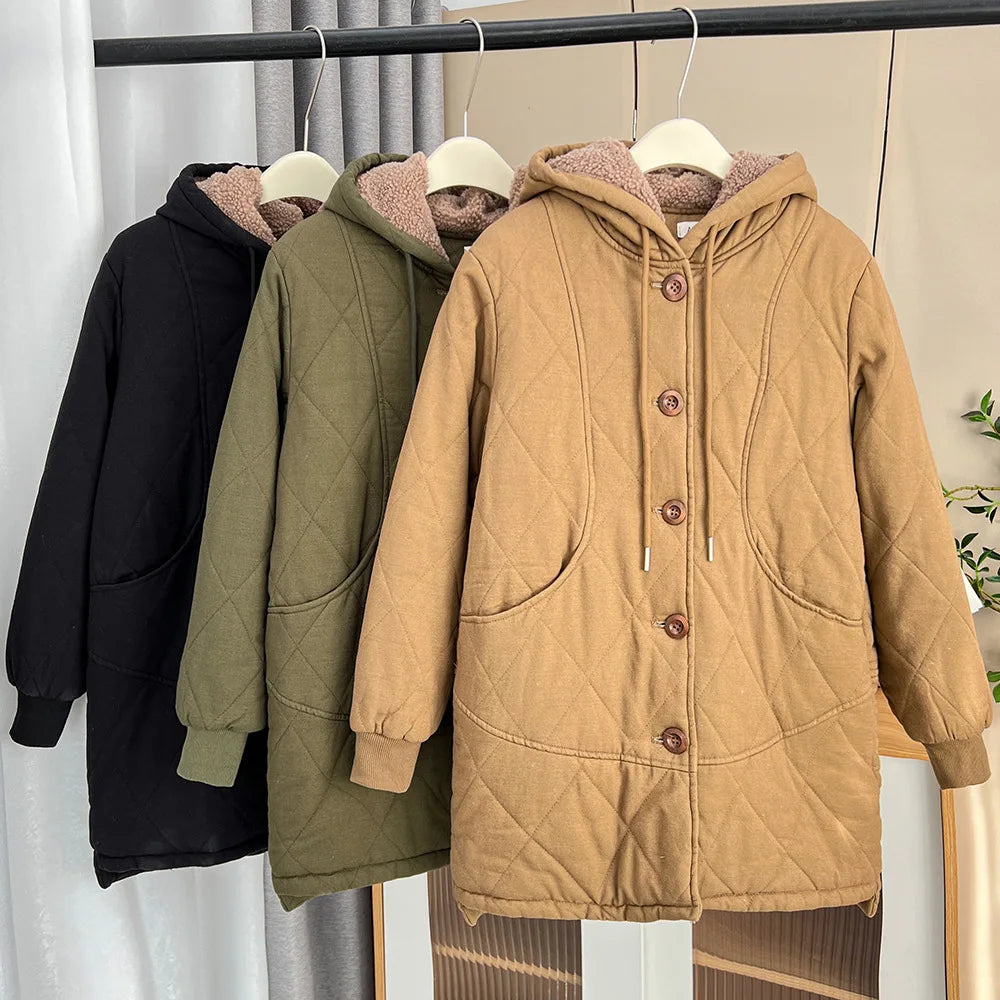 Winter 100kg Simple Mid-length Fleece Lining Hooded Cotton-padded Jacket Plus Size Women's Thick Warm Parka