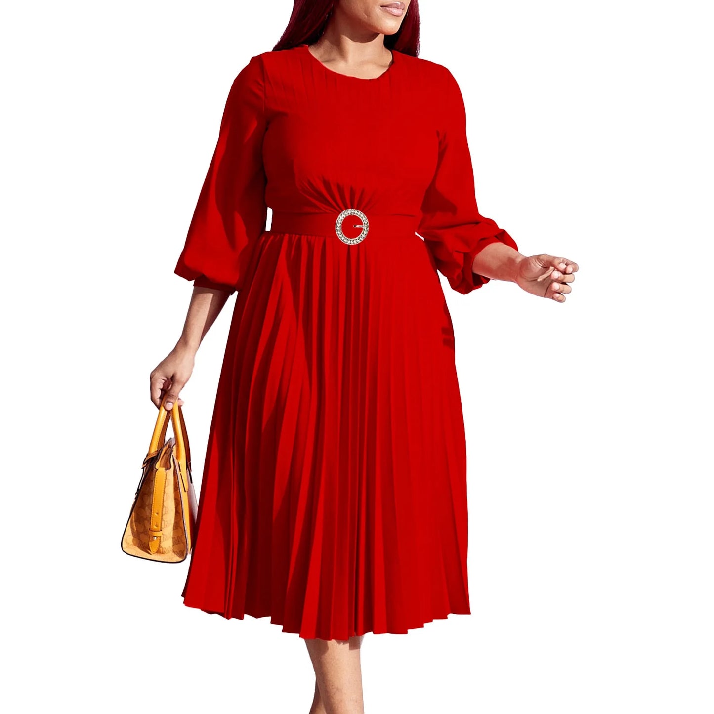 Maxy Elegant Dresses Woman Pleated O Neck Full Sleeve Belt Waisted Mid Calf Luxury Female Birthday Party Dinner Vestidos Mujer
