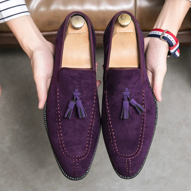Visco Men's Loafers Brand Suede Leather Shoes Vintage Slip-on Classic Casual Men Driving Shoes Wedding Male Dress Shoes Tassel pointed