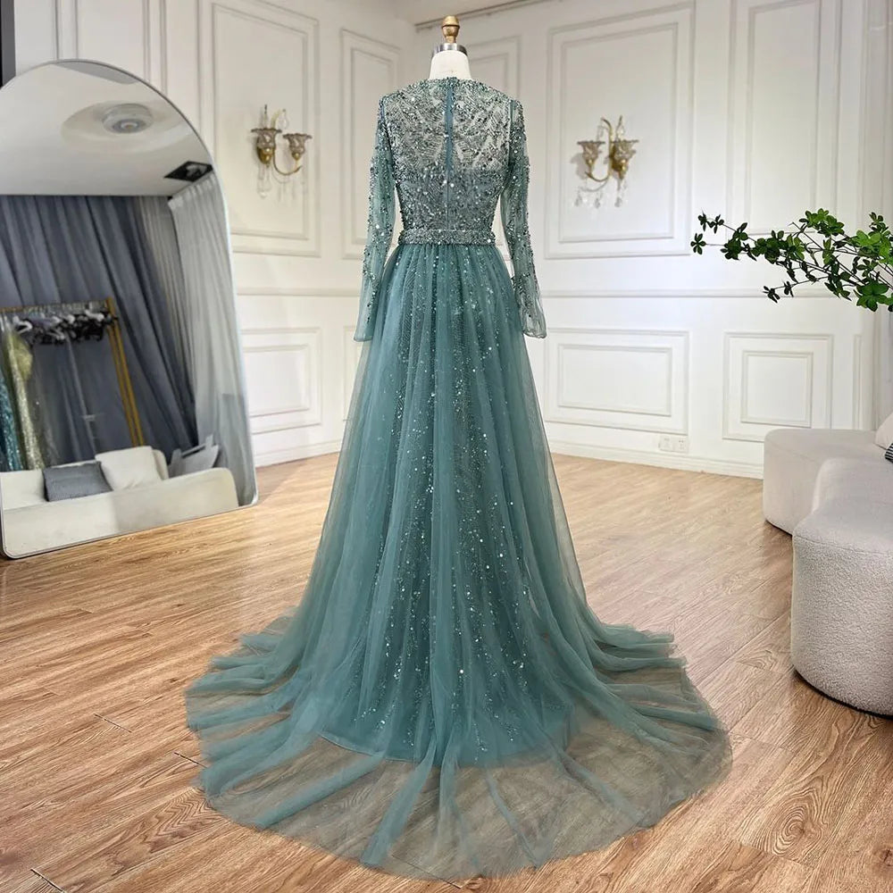 Maxy Serene Hill Arabic Turquoise Mermaid Gown with Tulle Overskirt And Beaded | Evening Dresses LA72601 Customized