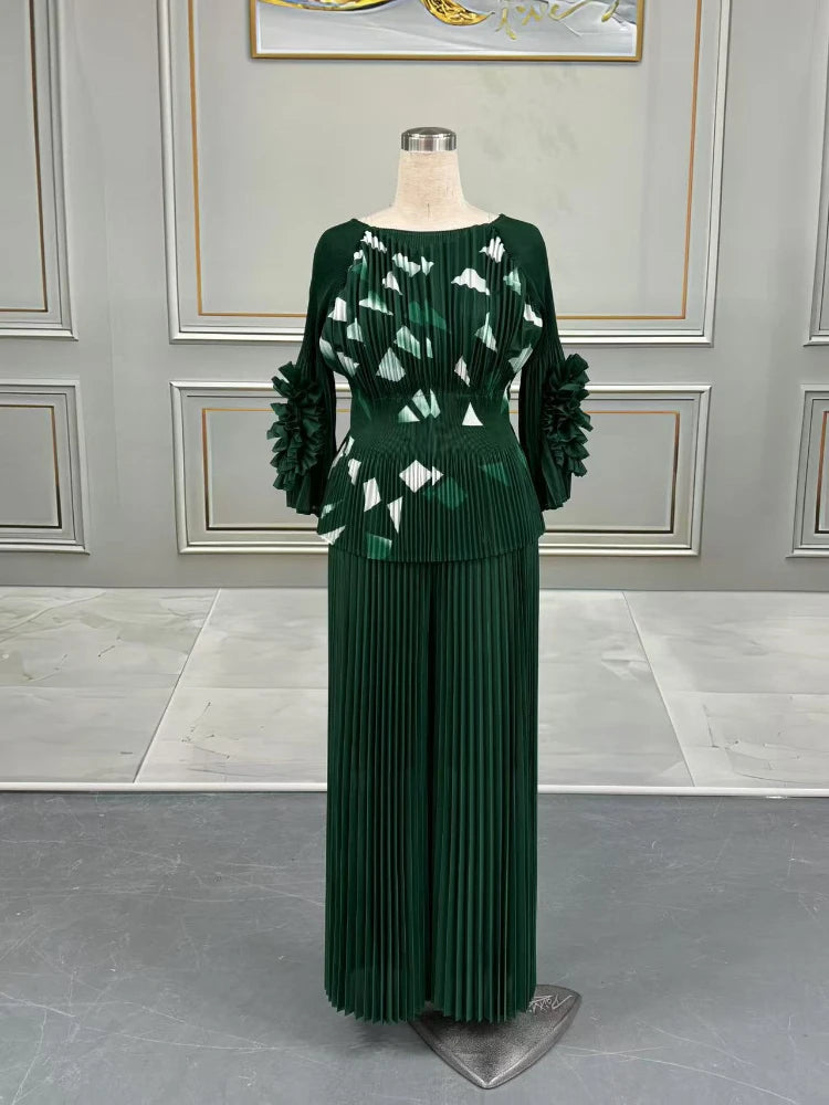 Maxy Pleated Print Pants Set Women O-Neck 3D Flowers T Shirt + Wide Leg Trousers Loose New 2025 Female Two Piece Sets