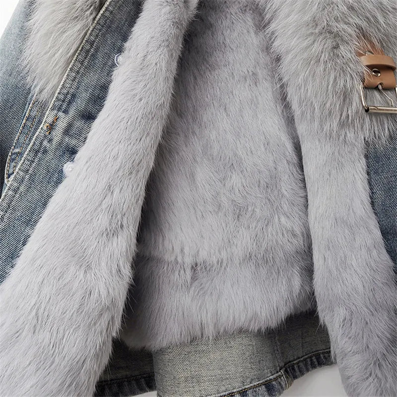 Maxy Natural Fox Fur Collar Rabbit Hair Liner Denim Jacket Women Cowboy Outwear Winter Thick Vintage Slim Short Jeans Jacket Female