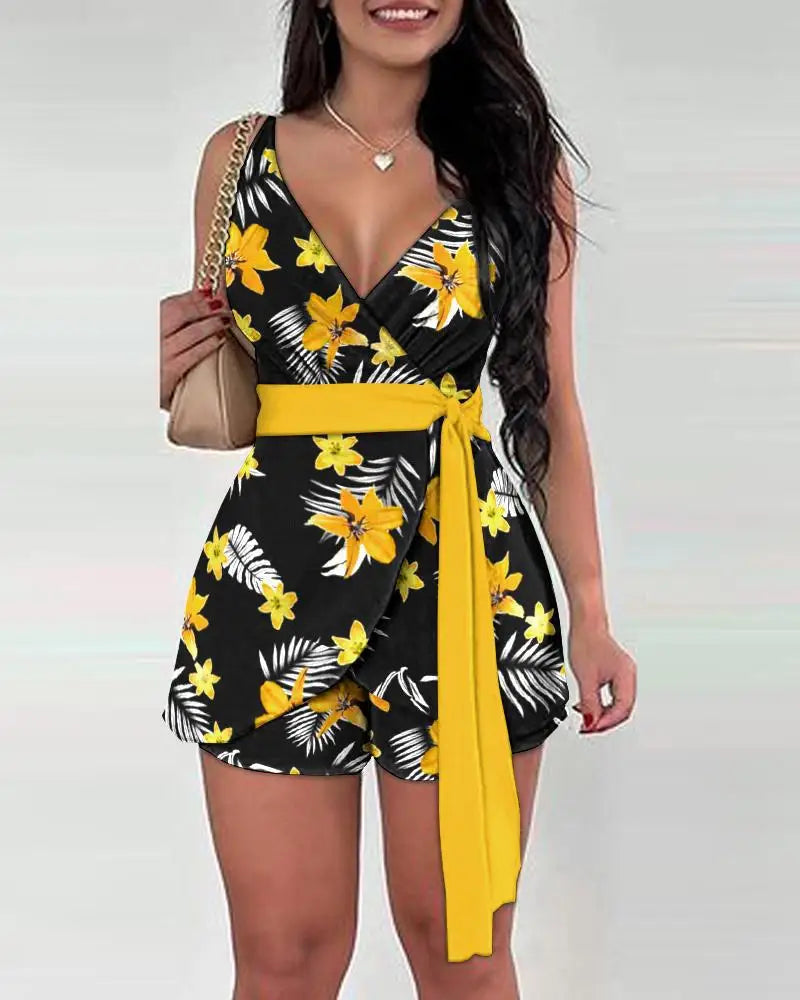 Babs Spring Summer Fashion Floral Slim Casual Two Piece Sets Elegant Women Sexy V-neck Sleeveless Wrap Lace Up Top & Shorts Set