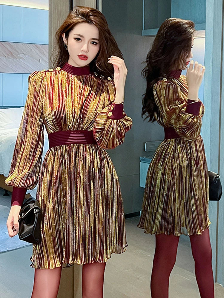 Babs New Elegant Luxury Lady Glitter Gold Evening Dress Women Clothing Chic Lantern Sleeve Slim Mini Short Party Gown