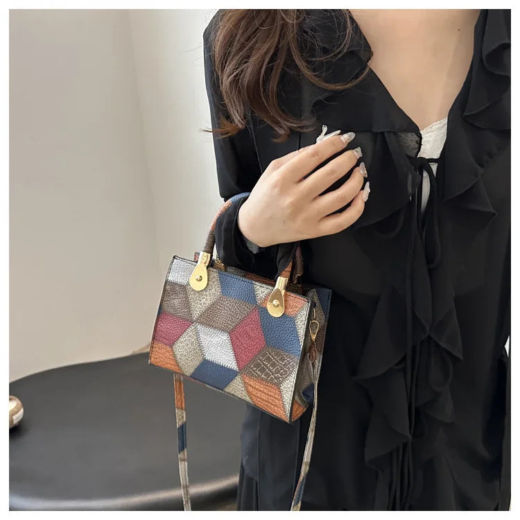 Maxy Fashion Patchwork Leather PU Top-handle Bags For Women, Square Design Ladies Handbags Crossbody Shoulder Bags For Daily Used