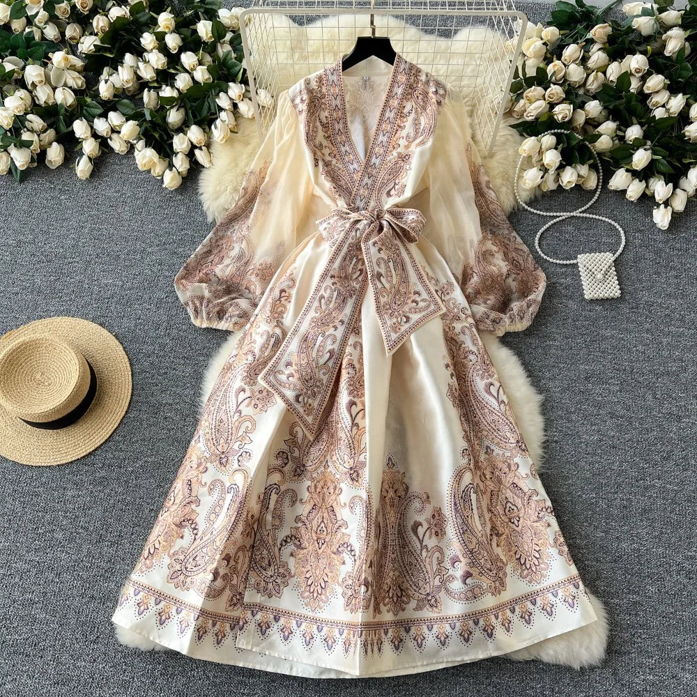 Maxy Temperament V Neck Lantern Sleeve One-piece Type Robe Mesh Lace Up Panelled Big Swing Vestidos Court New Print Moda Dress