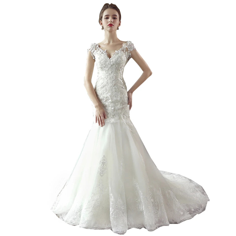 Babs Elegant Cap Sleeves V-neck Appliques Mermaid Tulle 2024 Wedding Dresses for woman Court Train Bridal Gowns.