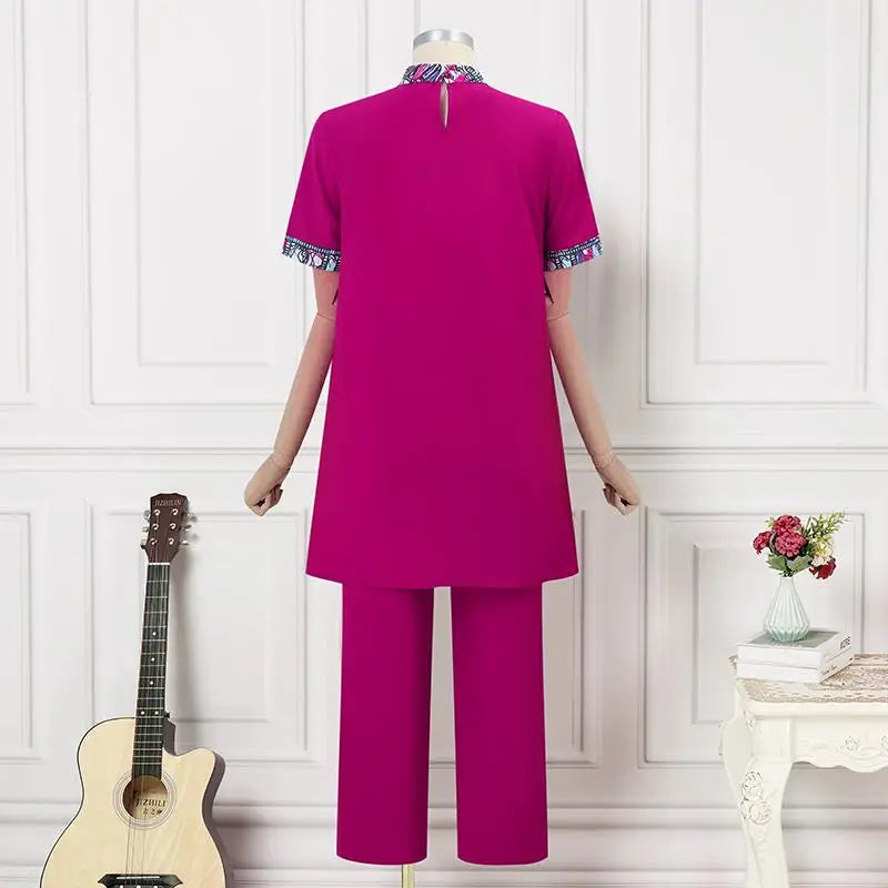 Maxy Women Office Pant Sets Summer Printed Suits Vintage Stand Collar Short Sleeve Tops and Long Pants Casual Loose Sets
