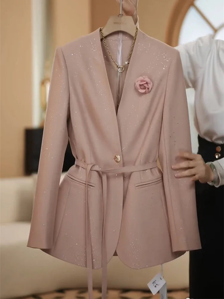 Maxy Spring new fashionable suit set feminine temperament professional commute sequined suit wide leg pants
