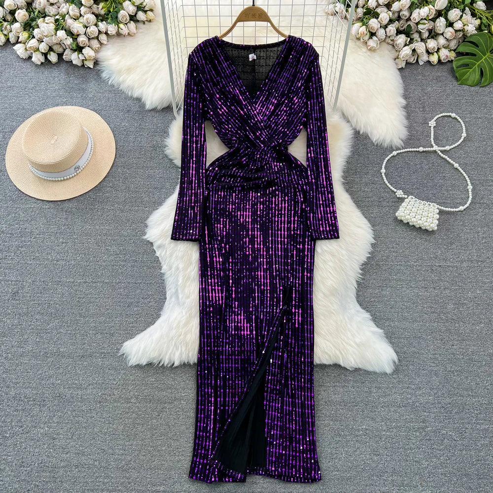 Babs Elegant Chic Y2K Women's Dress Long-sleeve V-neck Split Sequins Patchwork Hip Warp Dresses Autumn Winter