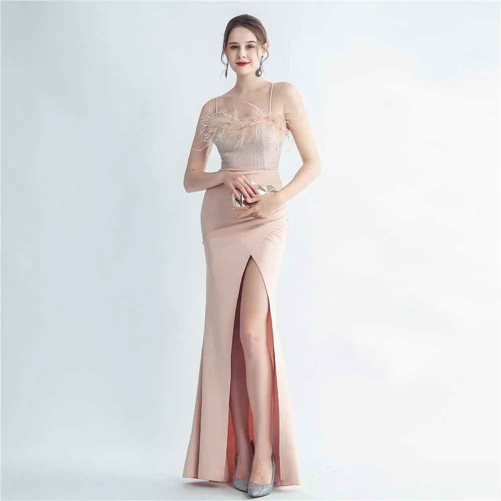 Babs Sequin Sexy Bust Beading With Feather Spaghetti Strap Slit Long Mermaid Party Night Dresses