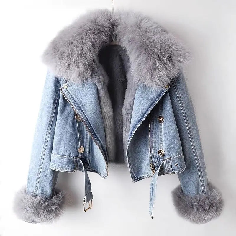 Maxy Short Thicken Denim Jacket For women Autumn Winter Detachable Imitation Fox fur Zipper Denim Coat Female Warm Parker Tops