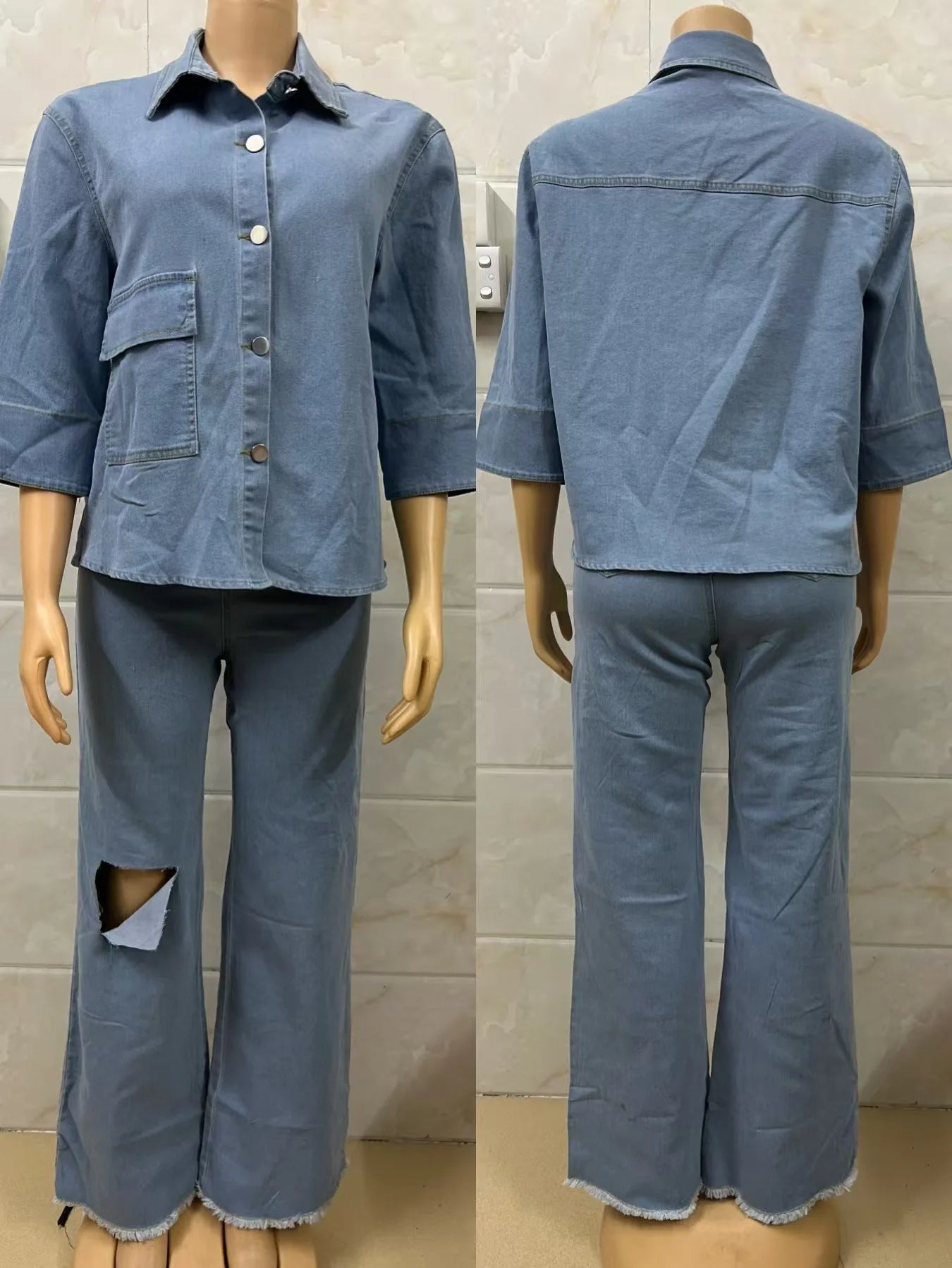 Maxy Denim Pant Set Women Two Piece Sets Turn Down Collar Matching Sets Single Breasted Shirt Tops Wide Leg Long Pants High Waist