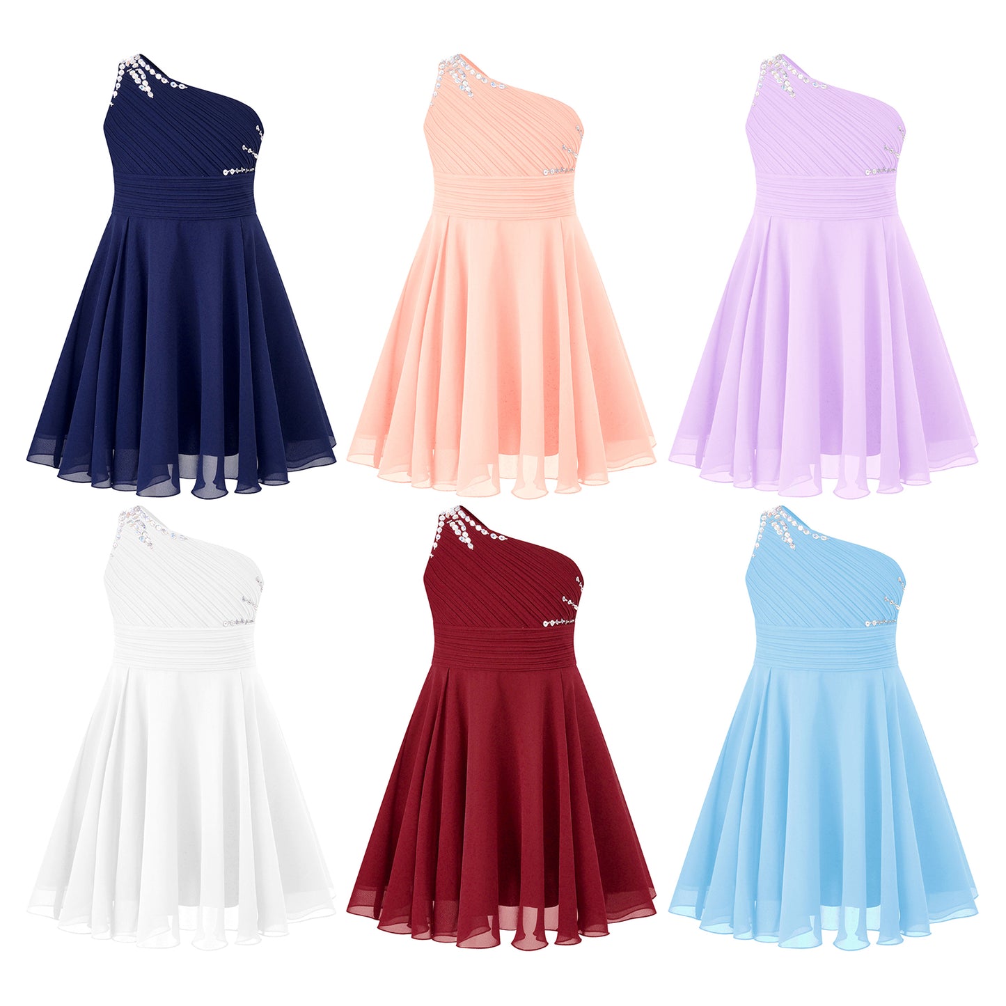 Macy Girls Elegant Beaded Party Dress One Shoulder A-Line Chiffon Princess Dresses Wedding Birthday Prom Evening Gown