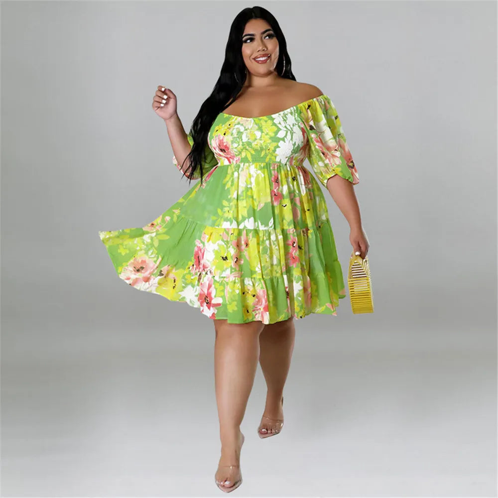 Maxy Plus Size Summer Dresses Women's Clothing Flower Printed One Shoulder Elegant Mini Dress Hot Sale