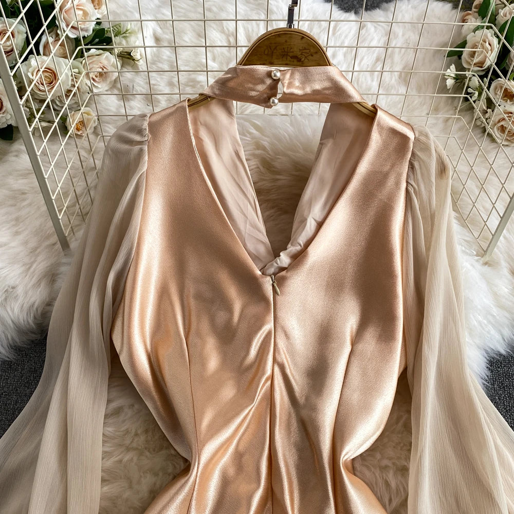 Amay Women's Temperament Puff Long Sleeve Hanging Neck Split Metal Pleated Dress Y2k Fashion Tide Spring Summer