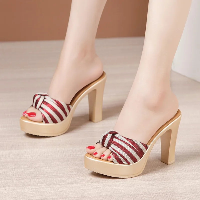 Big Size Gacy 32-43 Open Head Bow Stripe Slides Women Shoes Sumer 2024 High Heels Slippers Ladies Office Beach Slippers