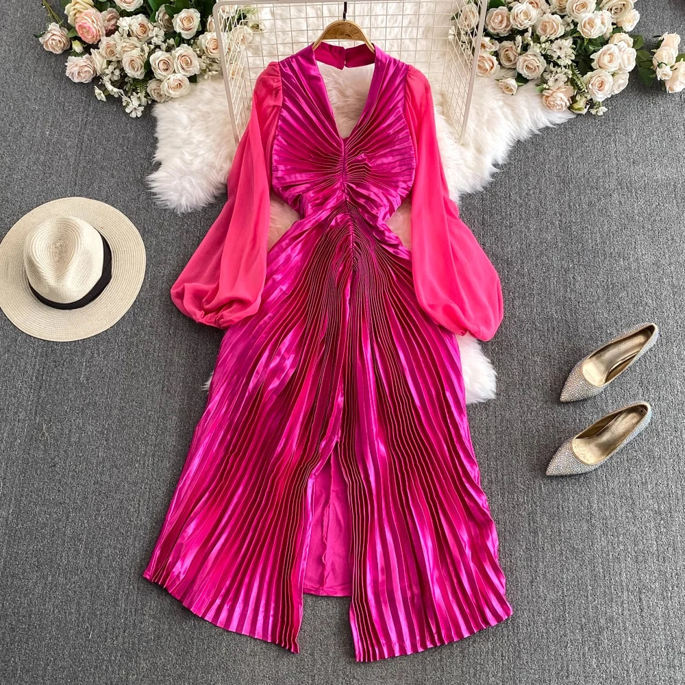 Amay Women's Temperament Puff Long Sleeve Hanging Neck Split Metal Pleated Dress Y2k Fashion Tide Spring Summer