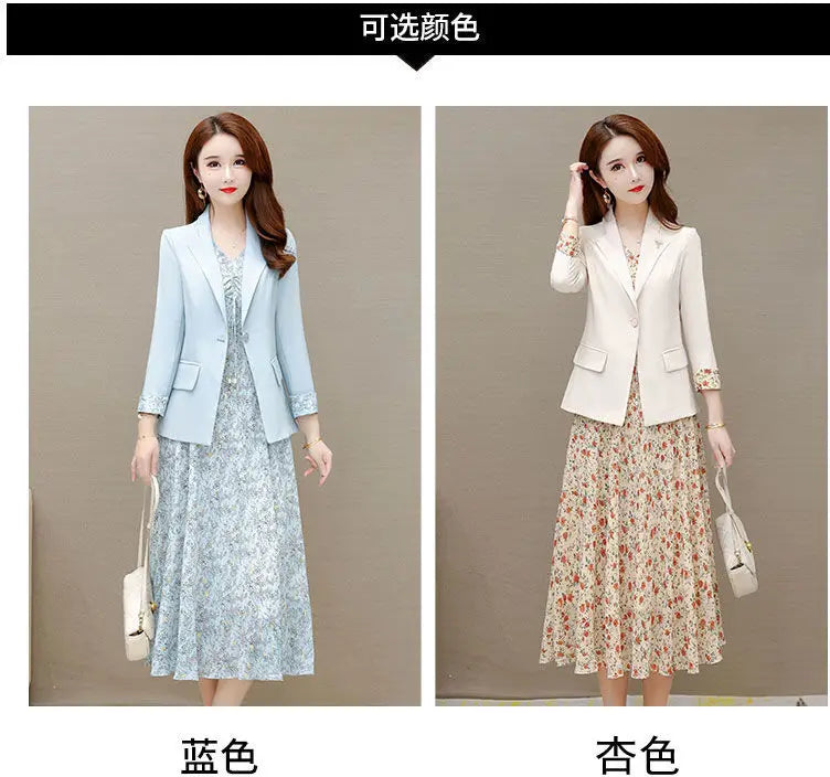 Maxy Women's Dress Set Spring Summer New Fashion Floral Suit Jacket+chiffon Skirt Two-piece Korean Casual Blazers Matching Sets