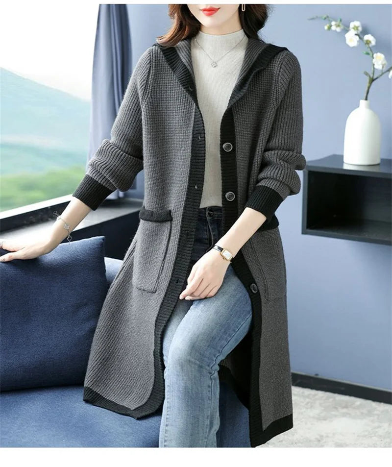 Maxy new Hooded Knitted Momsey Sweater Coat Women Autumn Winter Long Wool  AmericanFemale Casual Loose Knitting Jacket Large Size 5XL