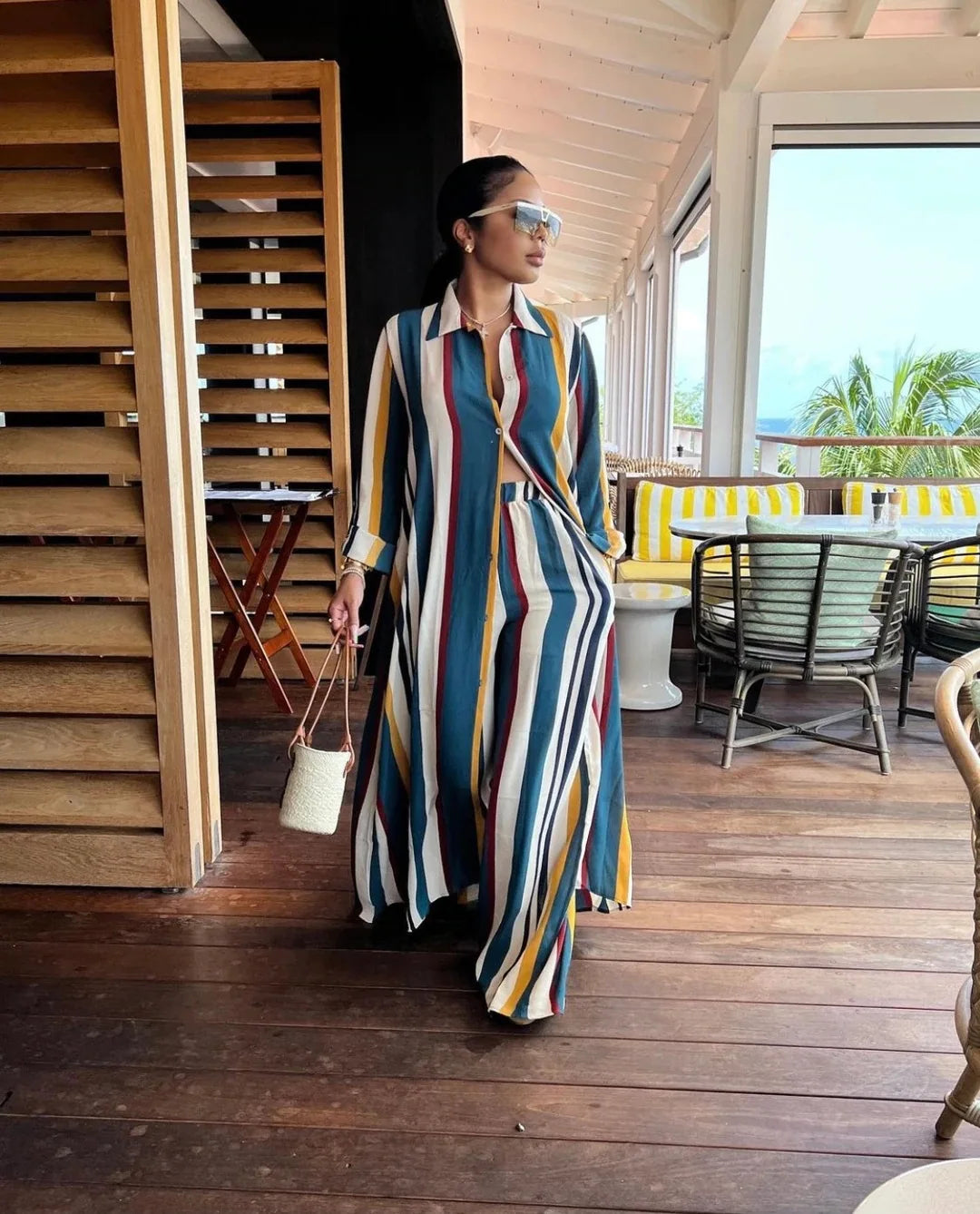 Babs Spring Autumn African Clothes African Women Long Sleeve Stripe Two Pieces Sets Top and Long Pant African Suit S-2XL