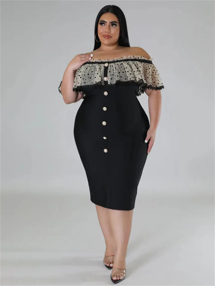 Maxy Plus Size Party Dress Women Clothing Solid Mesh Patchwork Off Shoulder Dress Fashion Outfits