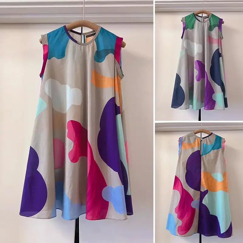 Maxy Summer Holiday Printing Dress Women O-neck Sleeveless Knee Robes 2024 Vintage Loose Tank Sundress Beach Oversize dress