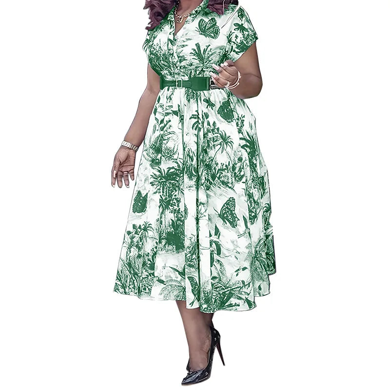 Amay Women Elegant Printed Party Dress Turn Down Collar Short Sleeve Pleated A-Line With Belt African Office Work Wear Plus Size 5XL