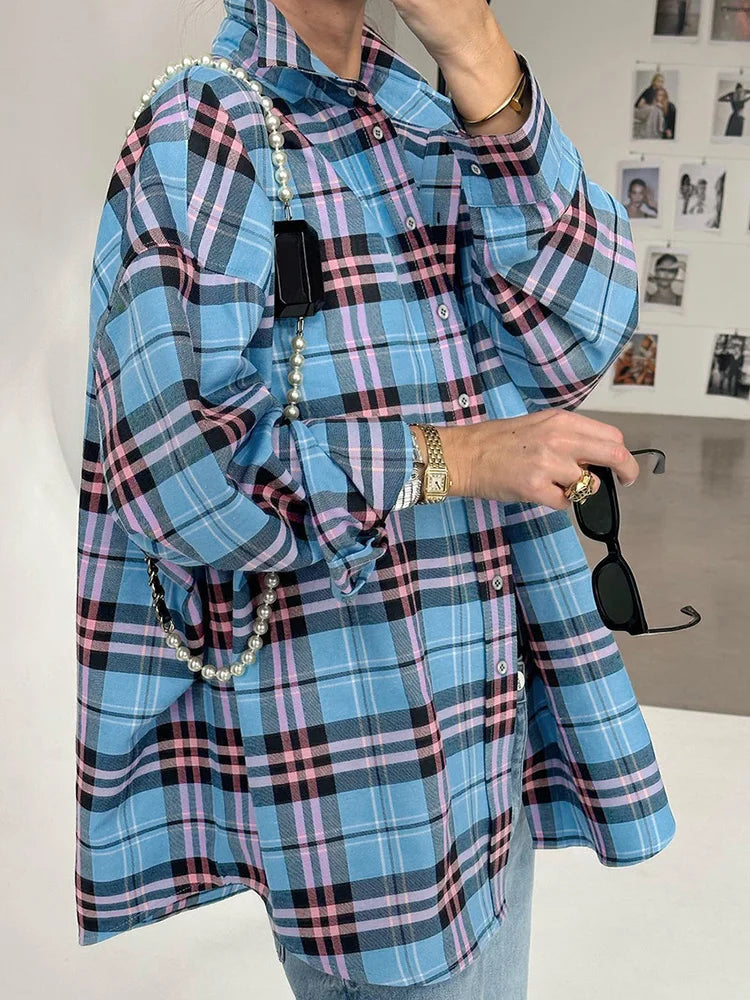 Maxy Green Vintage Plaid Shirt Women Oversize Top Long Sleeves Autumn Winter Loose Women's Shirt And Blouses Oversized