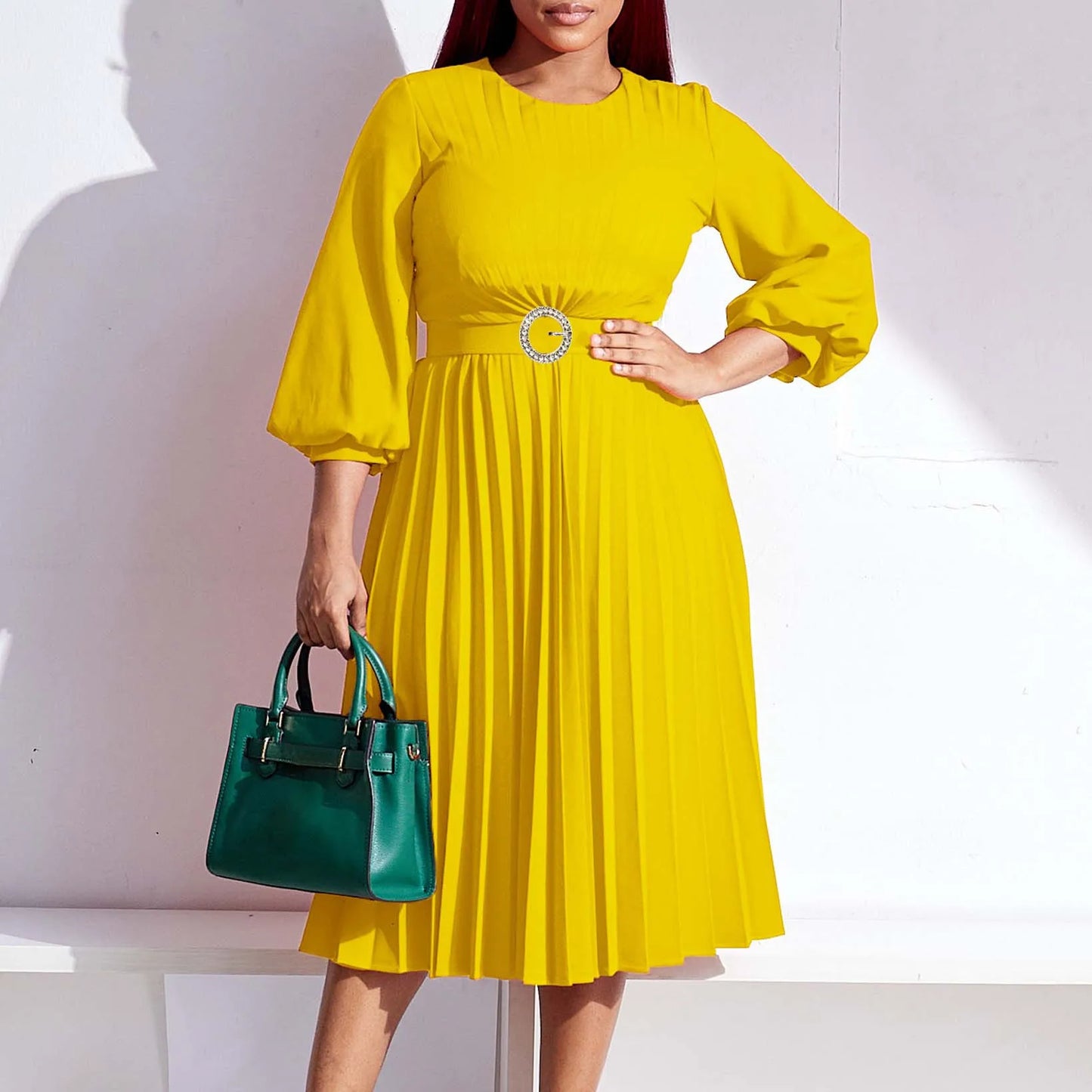 Maxy Elegant Dresses Woman Pleated O Neck Full Sleeve Belt Waisted Mid Calf Luxury Female Birthday Party Dinner Vestidos Mujer
