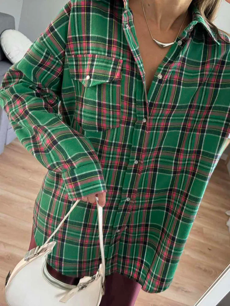 Maxy Green Vintage Plaid Shirt Women Oversize Top Long Sleeves Autumn Winter Loose Women's Shirt And Blouses Oversized