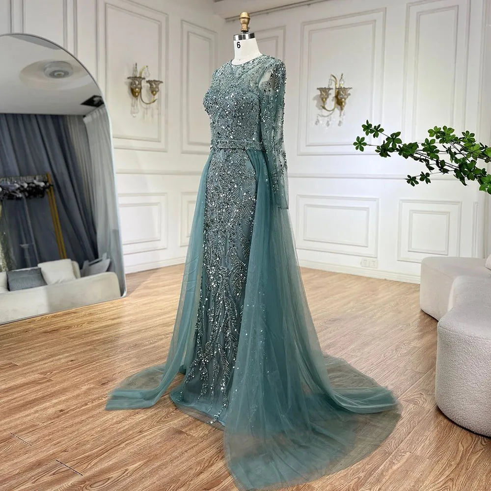 Maxy Serene Hill Arabic Turquoise Mermaid Gown with Tulle Overskirt And Beaded | Evening Dresses LA72601 Customized