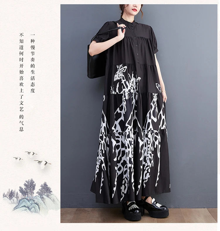 Maxy New Korean Style Woman Summer Graffiti Printed Long Black Large Shirt Dress Plus Size Loose Fit Tide Casual Robe Femme