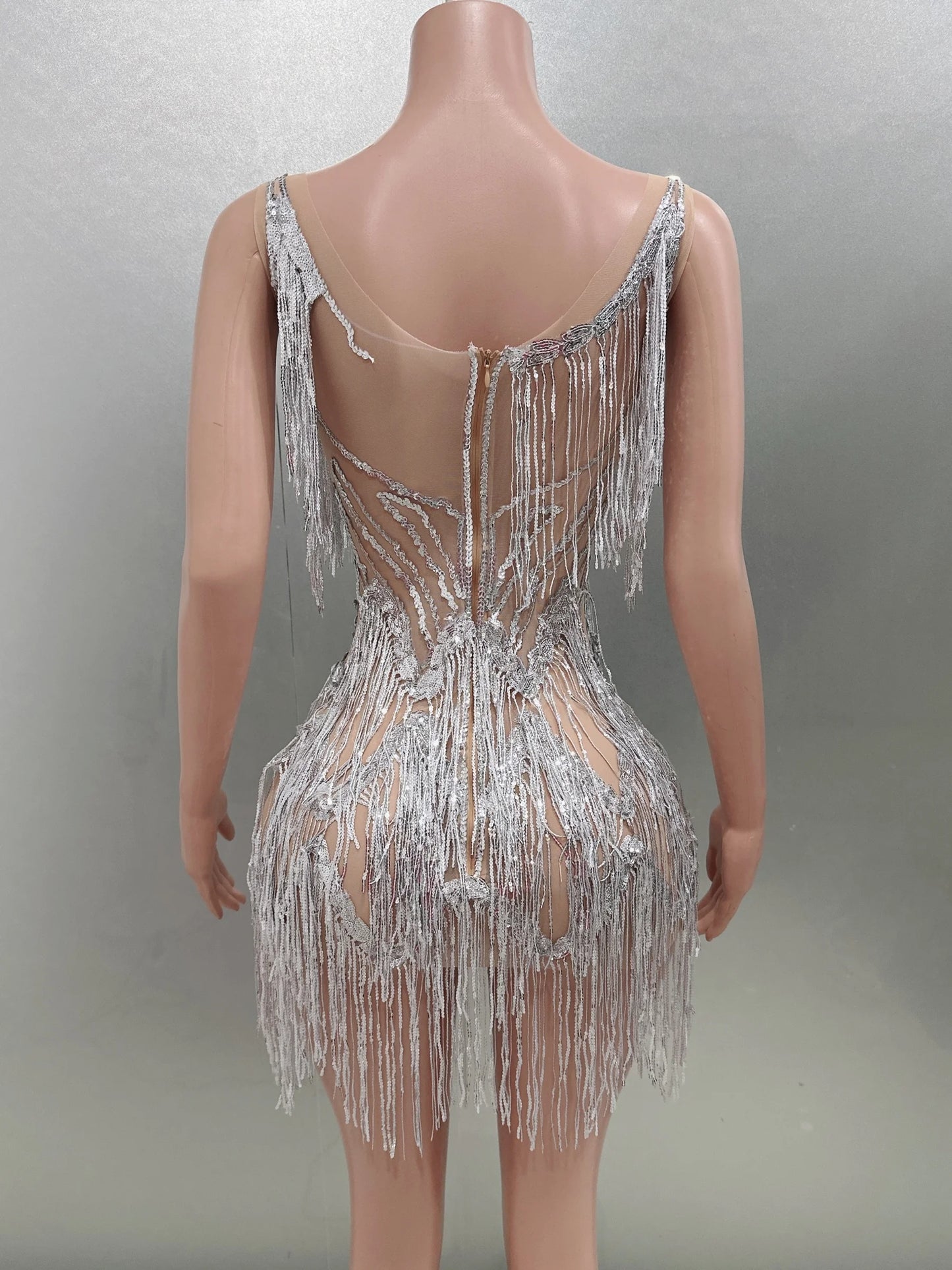 Babs Sleeveless Sexy V-Neck Sequins Fringes Crystal Bodycon Mini Dress Celebrate Nightclub Party Birthday Photo Shot Dress