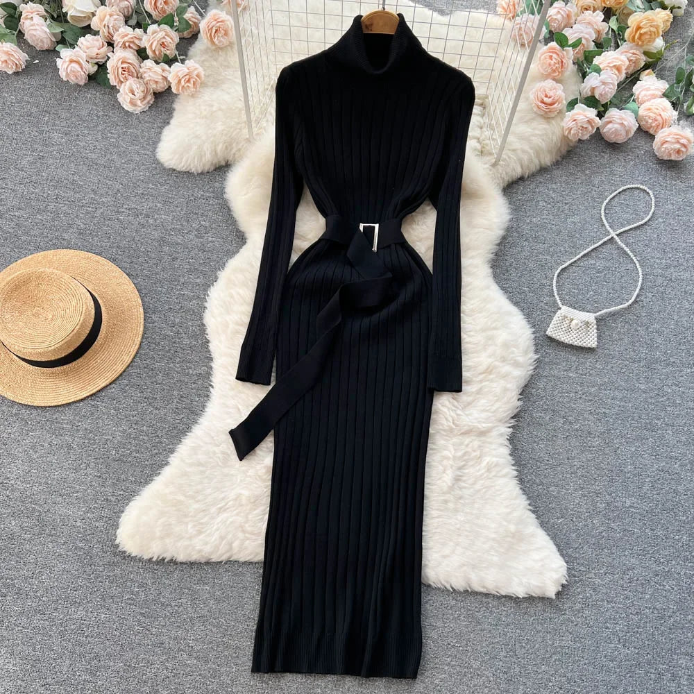 Babs Green Winter Turtleneck Sexy Women Dress Autumn Long Sleeve Skinny Macy  Bodycon Casual Sweater With Belt Party Club