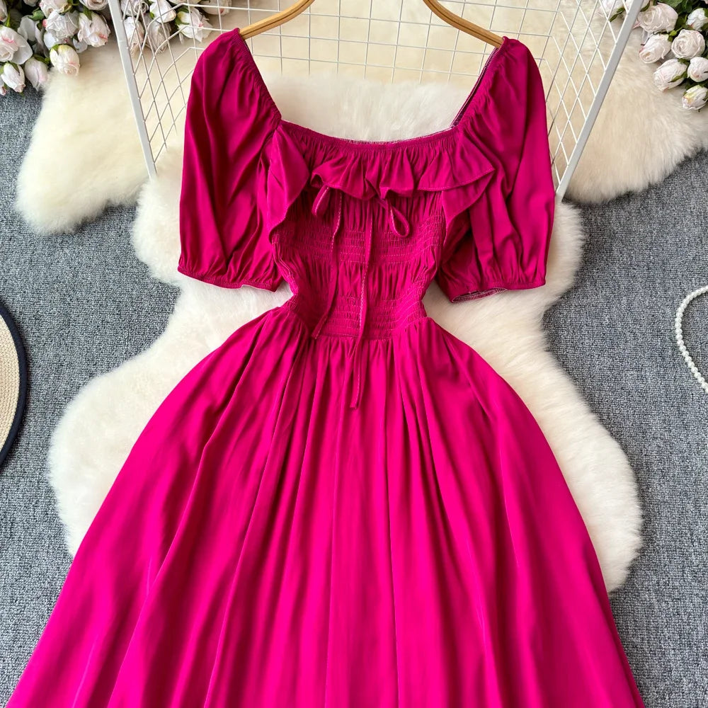 Babs Chic Elegant Square Collar Macy Dress Women Solid Short Puff Sleeve Dresses 2024 Korean Fashion Vintage Ruffle Vestidos