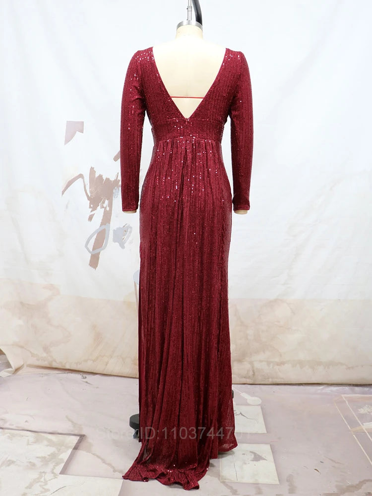 Maxy Red Long Sleeve Mermaid Sequin Evening Gown Burgundy O Neck Stretch Wedding Party Formal Maxy Dresses