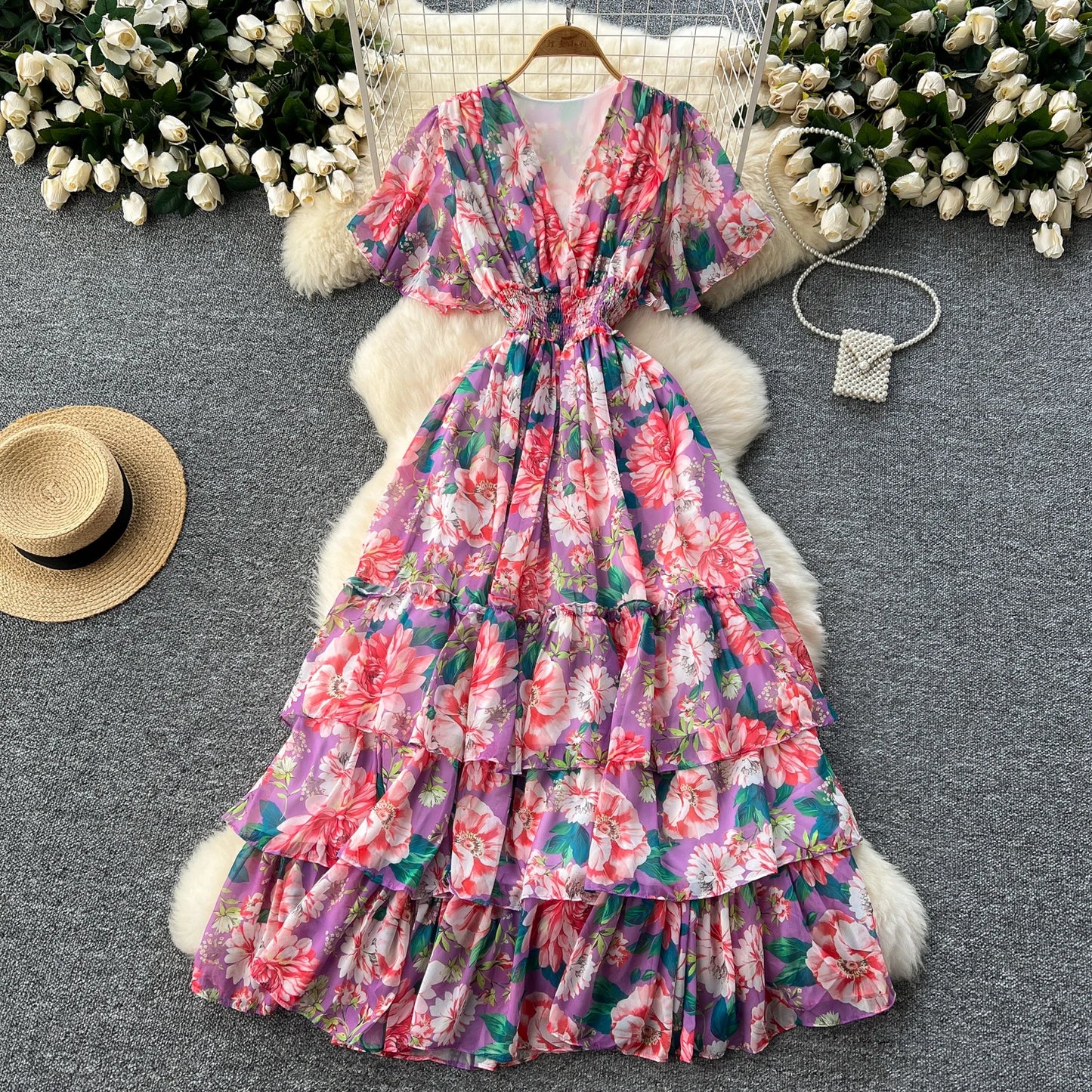 Maxy v neck Butterfly sleeve print elegant summer Dress A-line Flare Sleeve Vacation print Women dresses