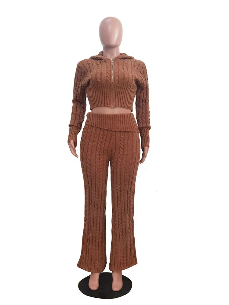 Maxy New 2 Piece Sets Women Clothing Pants Sets Casual Solid Color Knitted Long Sleeved Two-piece Set