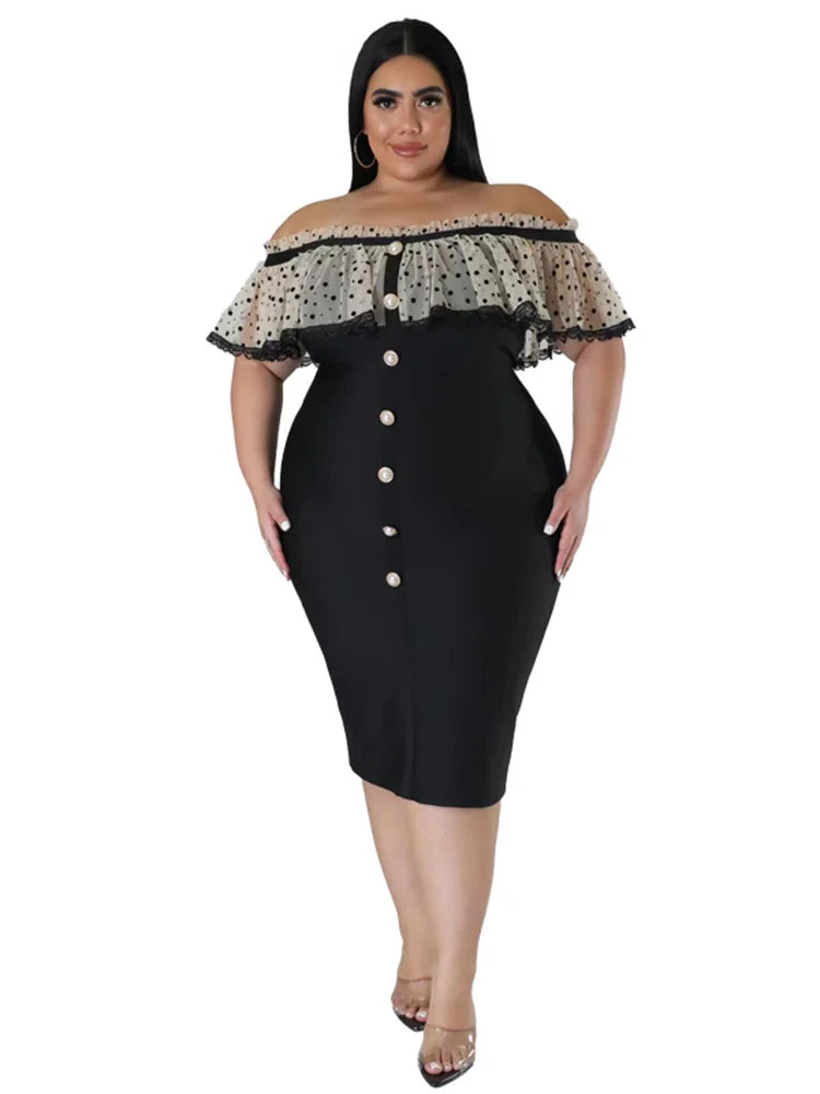 Maxy Plus Size Party Dress Women Clothing Solid Mesh Patchwork Off Shoulder Dress Fashion Outfits