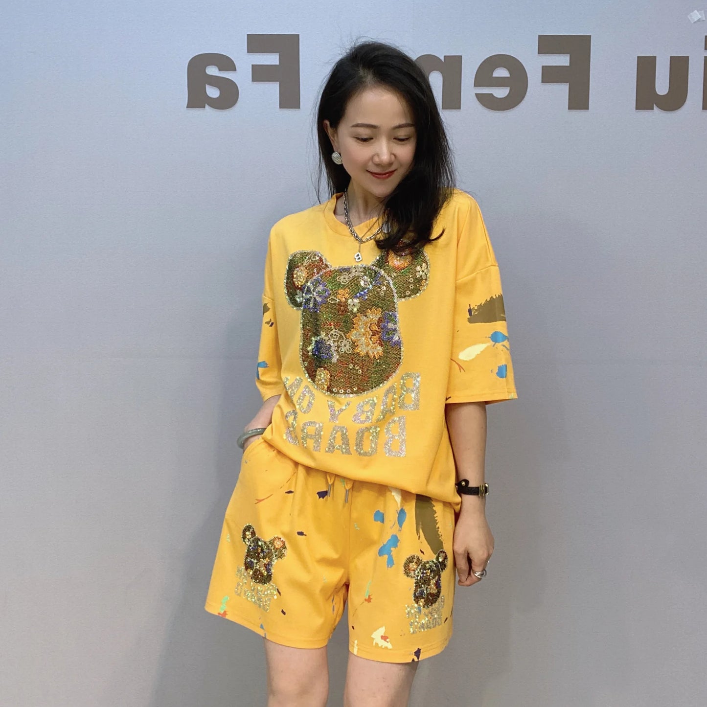 Maxy Two Piece Sets Women's Outfits Bear Cartoon Diamonds Summer Clothing Casual Tracksuit Short Sleeve Sports Suit Костюм Женский