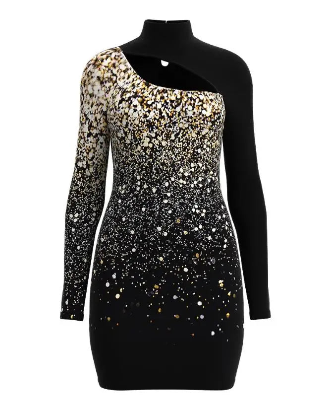 Maxy Evening Dresses for Women New Elegant Sexy Party Wedding Guest Glitter Contrast Lace Cutout Long Sleeve Bodycon Mini Dress